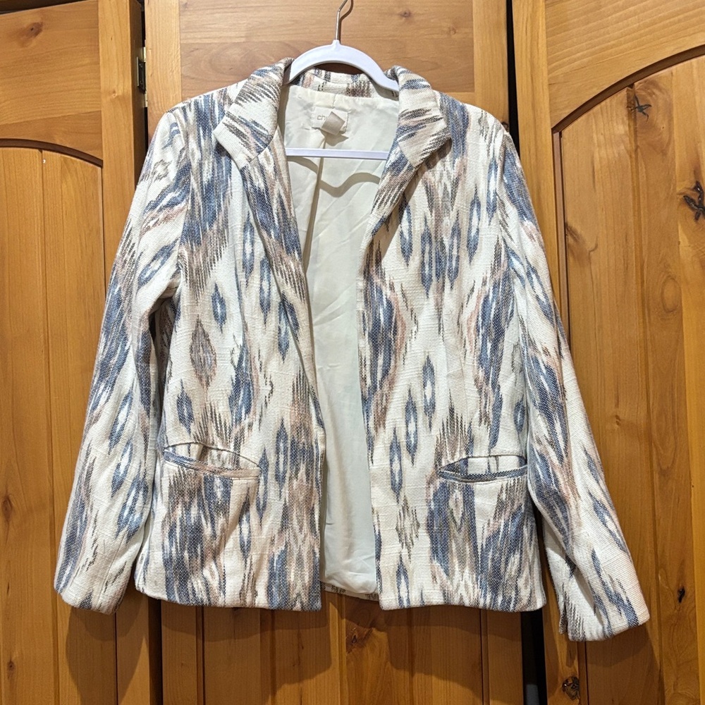 Chico's Cream and Blue Patterned Blazer